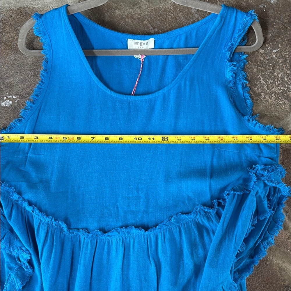 Umgee Blue Linen blend Ruffled Tank Top raw frayed hem flowy oversized - Picture 3 of 8